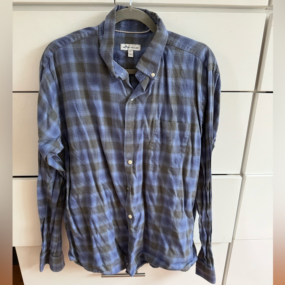 Peter Millar Blue and Gray Plaid Flannel Shirt